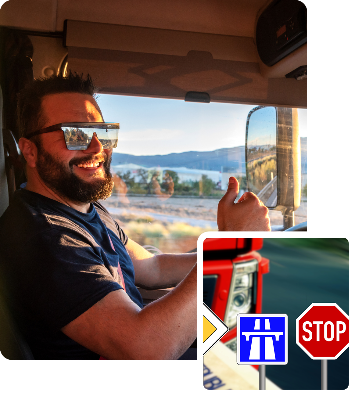A person driving a vehicle gives a thumbs-up. Inset shows road signs, including a highway symbol and a stop sign.