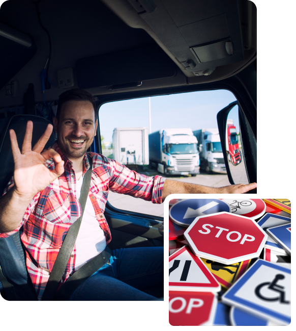 A man in a plaid shirt sitting in a truck cab gives an "OK" hand gesture. Inset shows various traffic signs, including stop and handicap symbols.