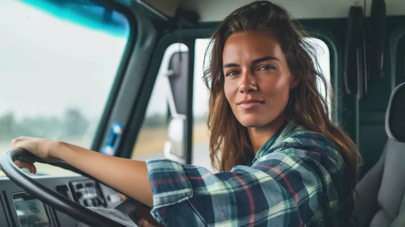rs=w_800,cg_true A woman sitting in the drivers seat of a truck.